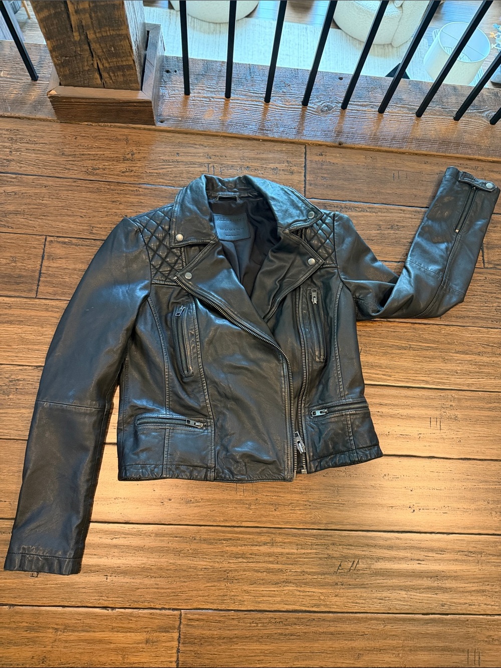 All Saints Black Quilted Shoulder Leather Moto Jacket